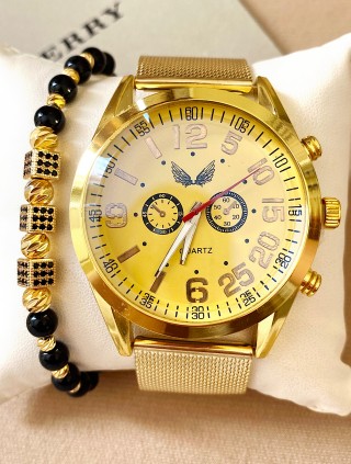 Ceas barbati auriu cu bratara metalica si cadran galben