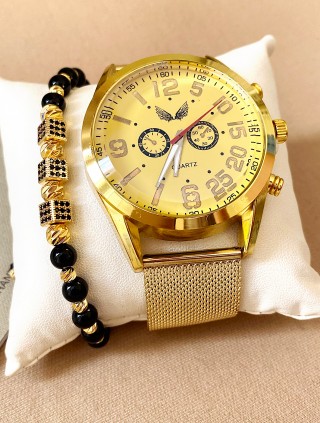 Ceas barbati auriu cu bratara metalica si cadran galben