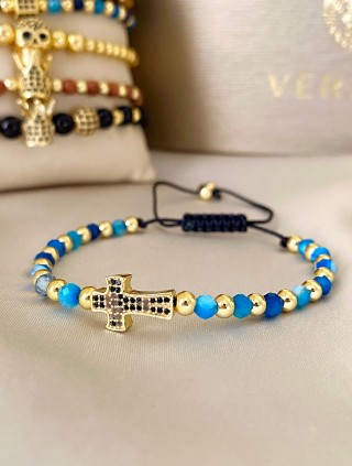 Bratara dama model deosebit cu piatra semipretioasa Agata albastra si design special cruciulita