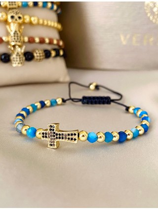 Bratara dama model deosebit cu piatra semipretioasa Agata albastra si design special cruciulita