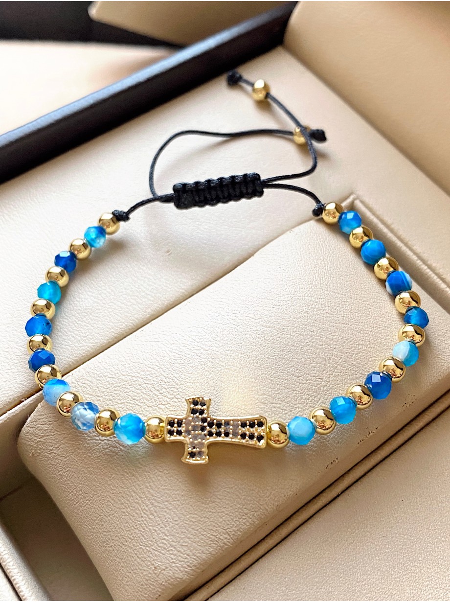 Bratara dama model deosebit cu piatra semipretioasa Agata albastra si design special cruciulita