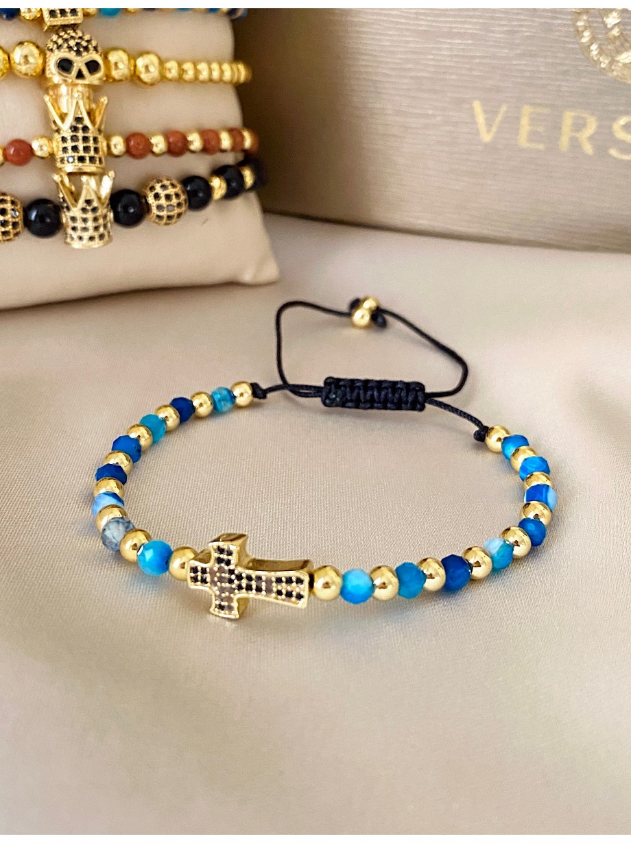 Bratara dama model deosebit cu piatra semipretioasa Agata albastra si design special cruciulita