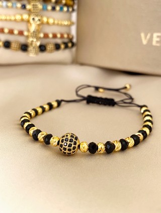 Bratara dama model deosebit cu margele negre si aurii si biluta