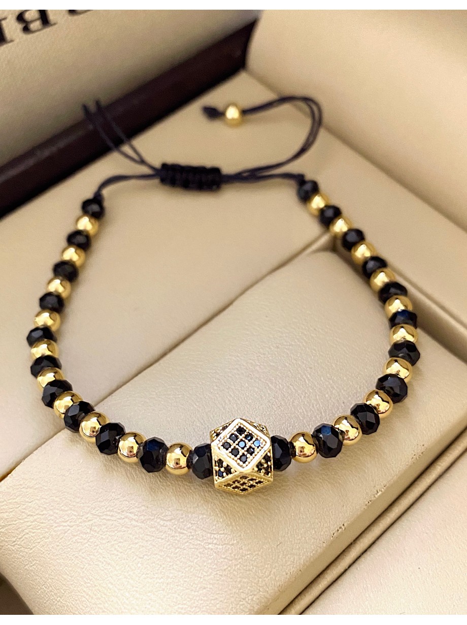 Bratara dama model deosebit cu margele negre si aurii si hexagon