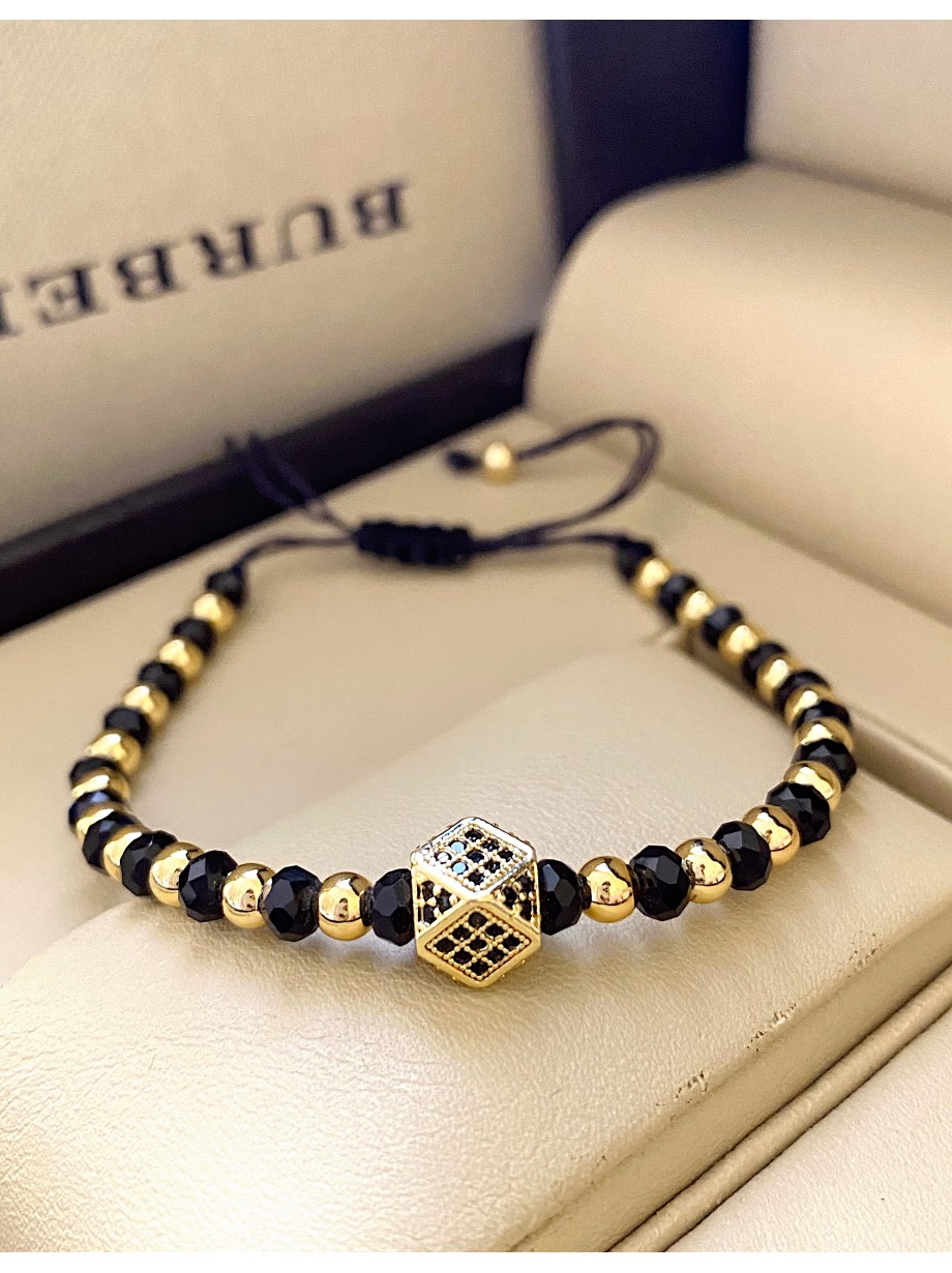 Bratara dama model deosebit cu margele negre si aurii si hexagon