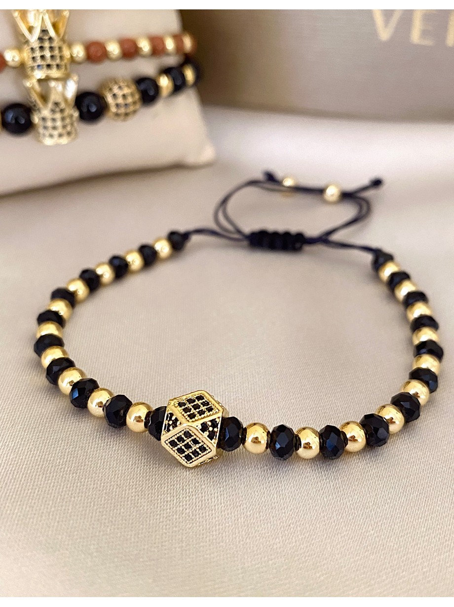 Bratara dama model deosebit cu margele negre si aurii si hexagon