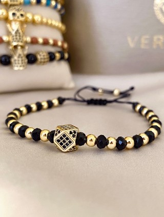 Bratara dama model deosebit cu margele negre si aurii si hexagon