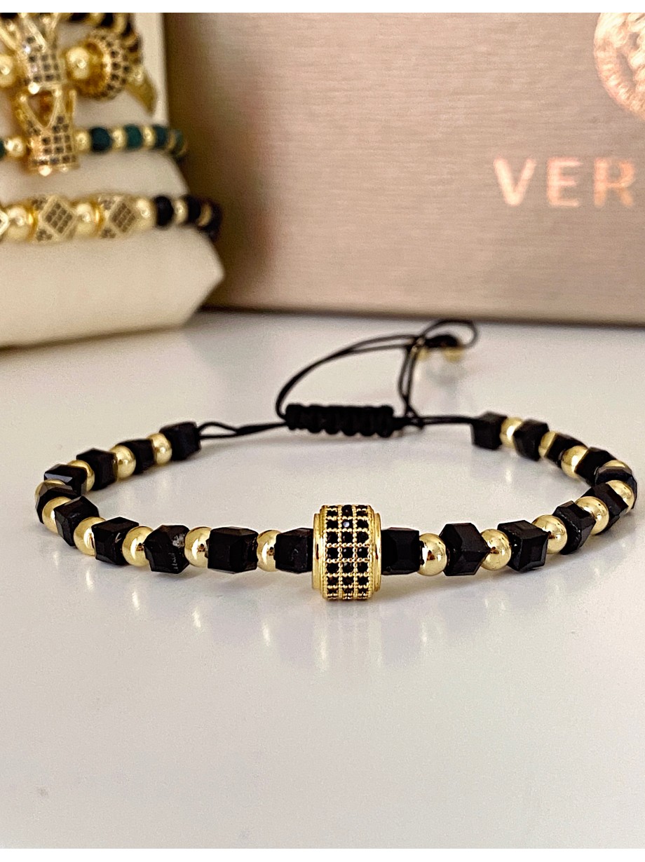 Bratara dama model deosebit cu margele aurii si negre si design cerc