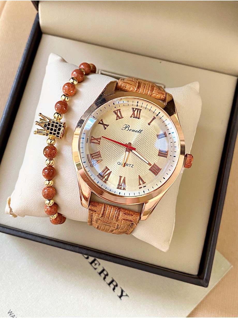 Ceas barbat cu bratara din piele ecologica maro si cadran cu cifre romane