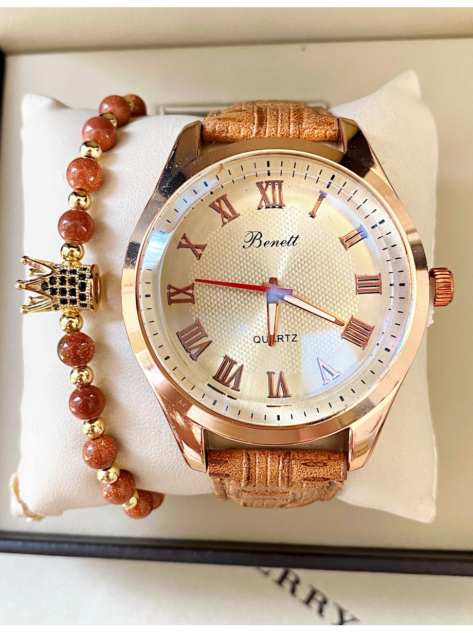 Ceas barbat cu bratara din piele ecologica maro si cadran cu cifre romane