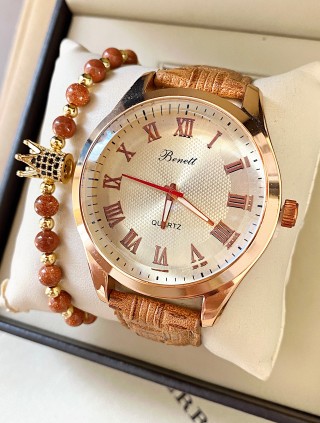 Ceas barbat cu bratara din piele ecologica maro si cadran cu cifre romane