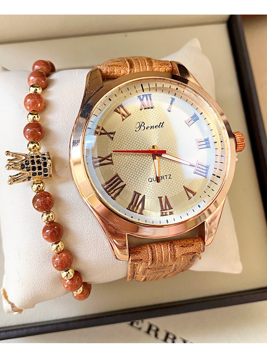 Ceas barbat cu bratara din piele ecologica maro si cadran cu cifre romane