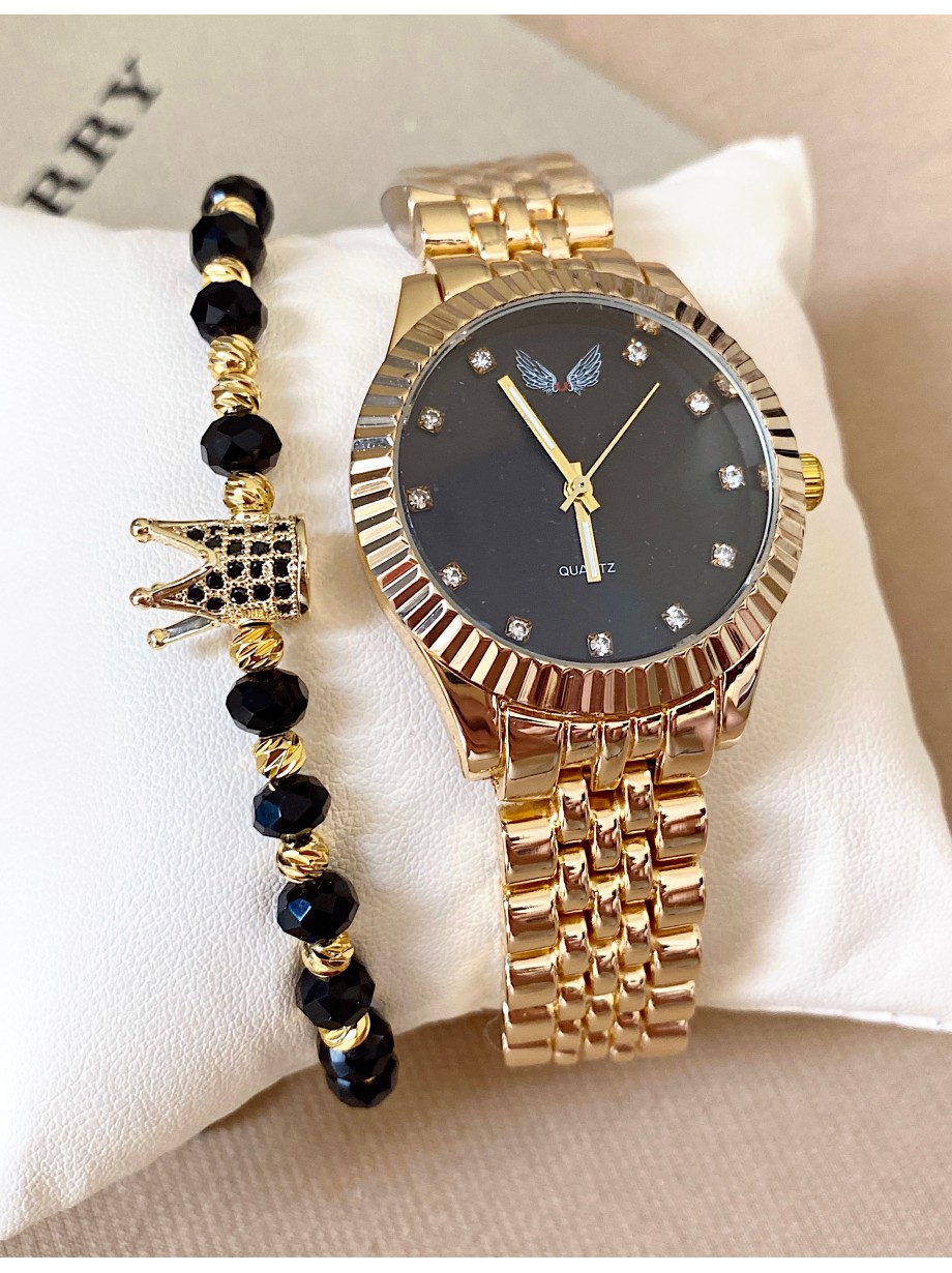 Ceas dama auriu cu cadran negru si pietricele