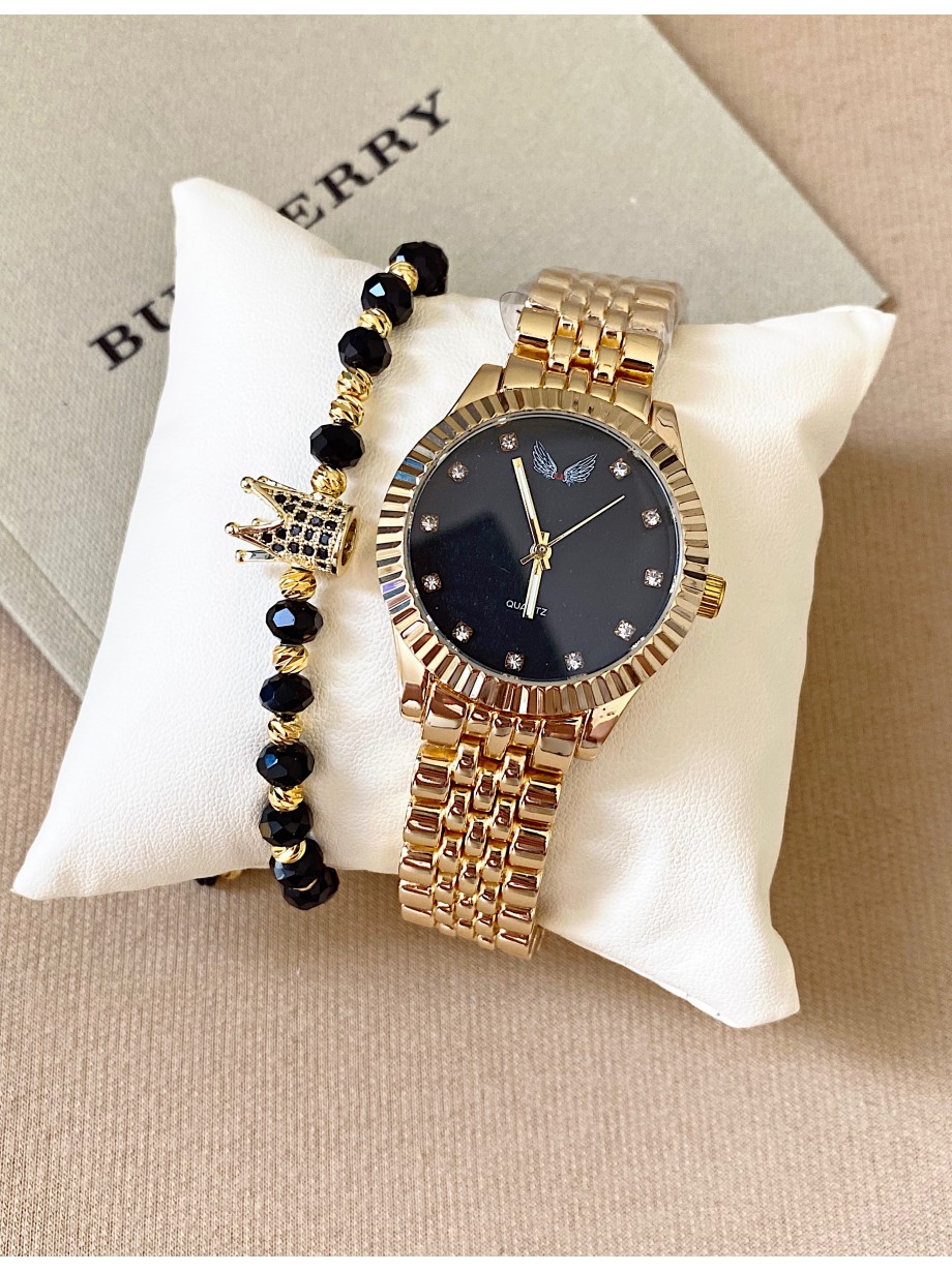 Ceas dama auriu cu cadran negru si pietricele