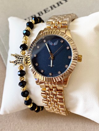 Ceas dama auriu cu cadran negru si pietricele