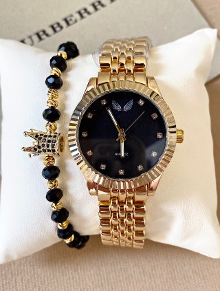 Ceas dama auriu cu cadran negru si pietricele