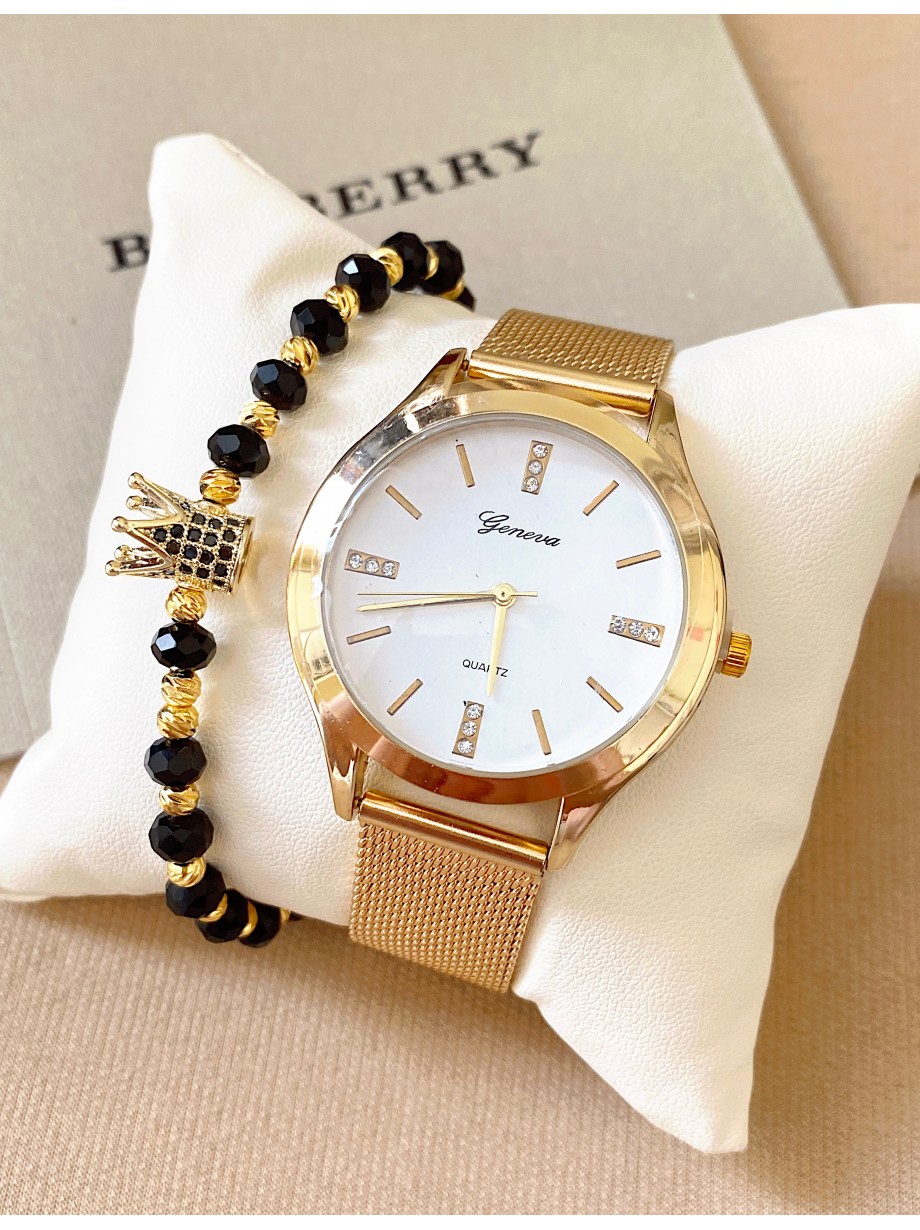 Ceas barbat auriu cu bratara metalica si cadran simplu alb minimalist 