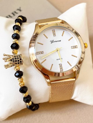 Ceas barbat auriu cu bratara metalica si cadran simplu alb minimalist 