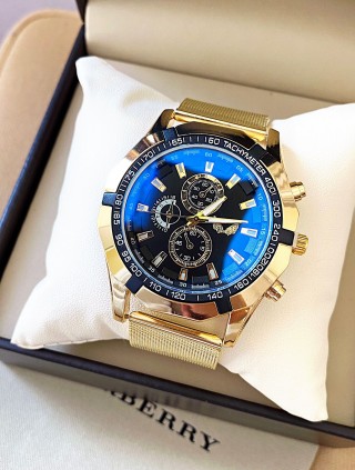 Ceas barbat auriu cu bratara metalica si cadran bleumarin