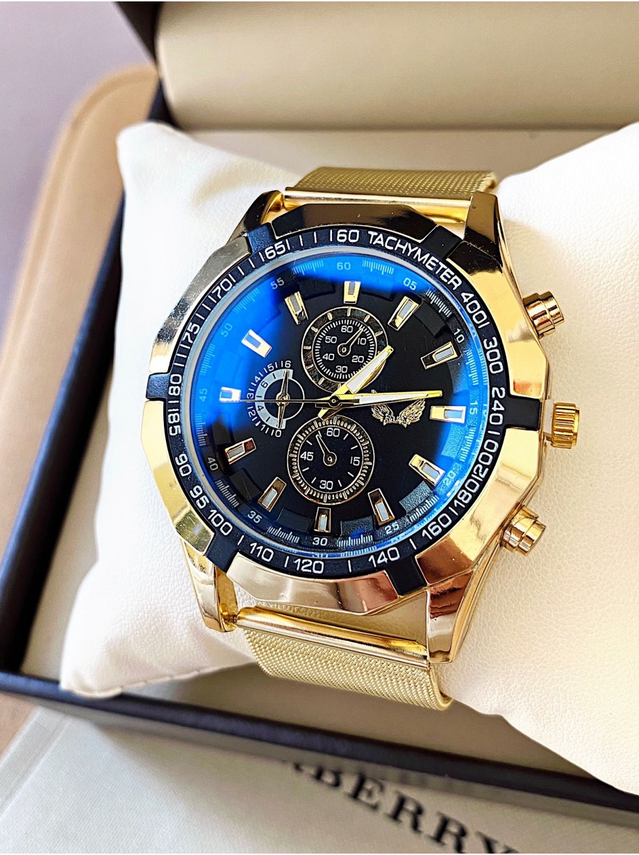 Ceas barbat auriu cu bratara metalica si cadran bleumarin