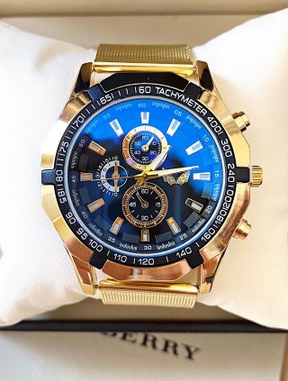 Ceas barbat auriu cu bratara metalica si cadran bleumarin