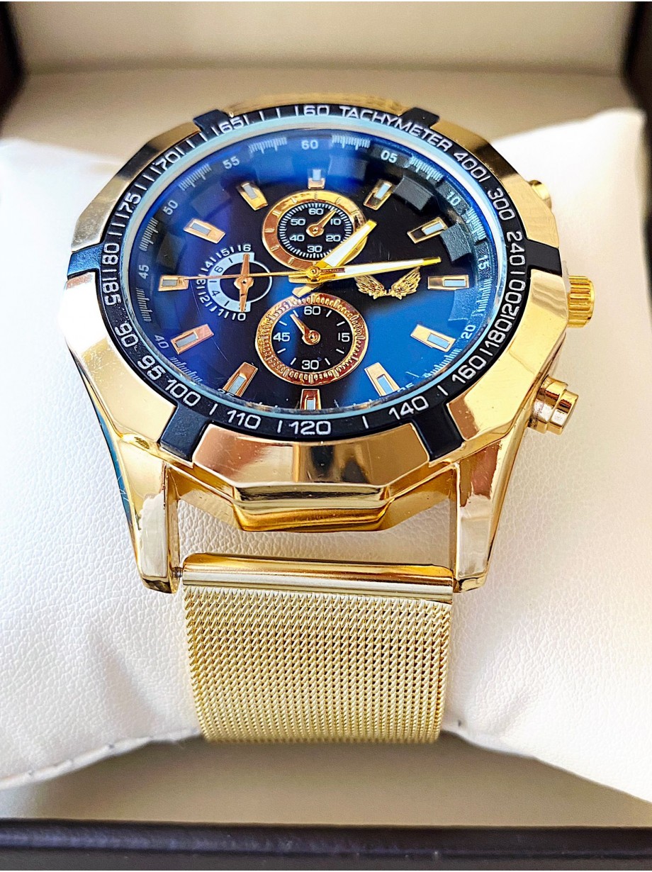 Ceas barbat auriu cu bratara metalica si cadran bleumarin