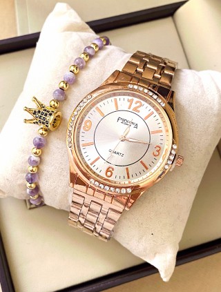 Ceas dama roze cu bratara metalica si cadran cu 4 cifre