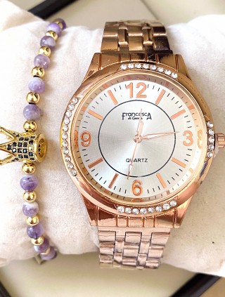 Ceas dama roze cu bratara metalica si cadran cu 4 cifre