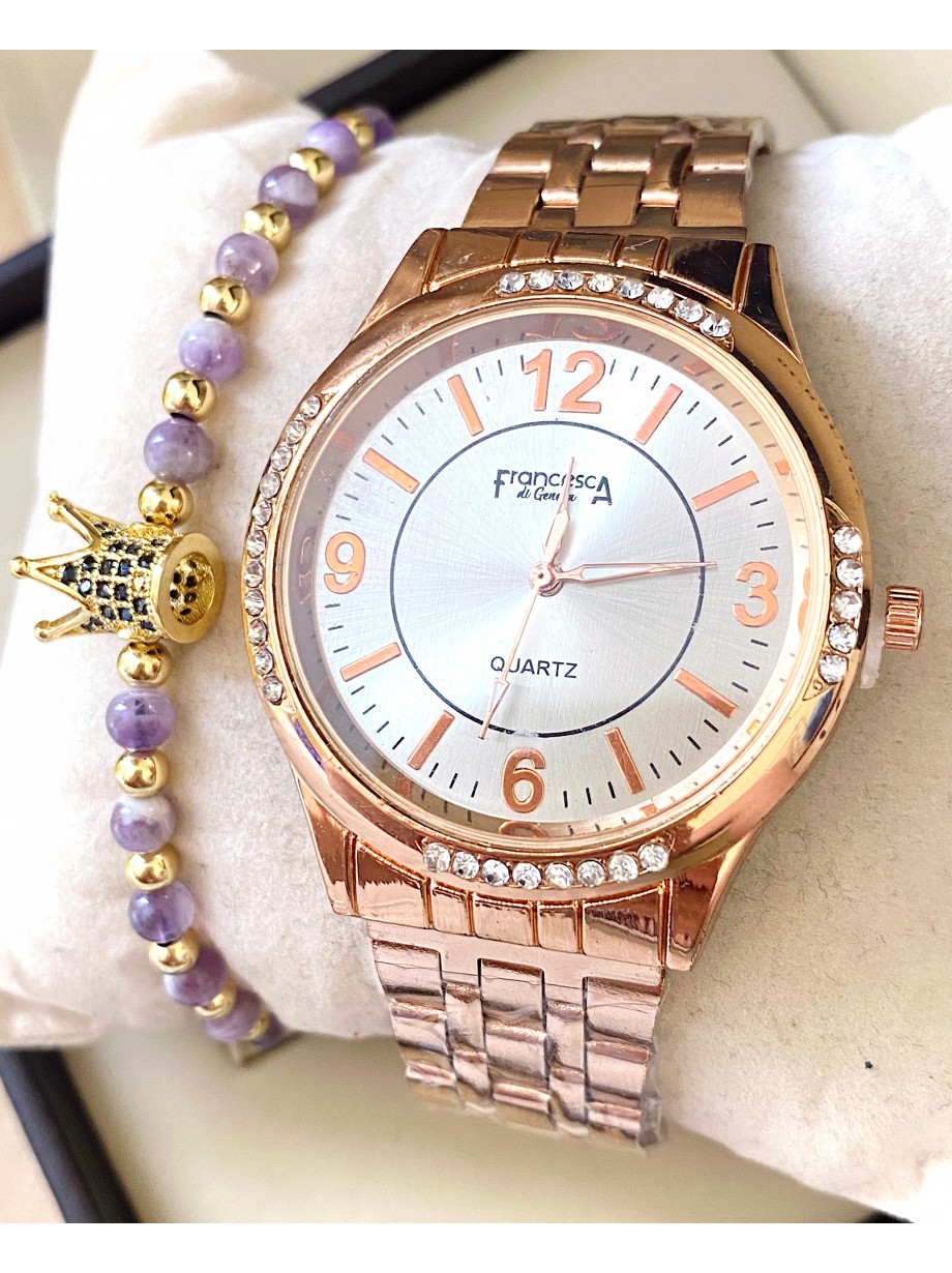 Ceas dama roze cu bratara metalica si cadran cu 4 cifre