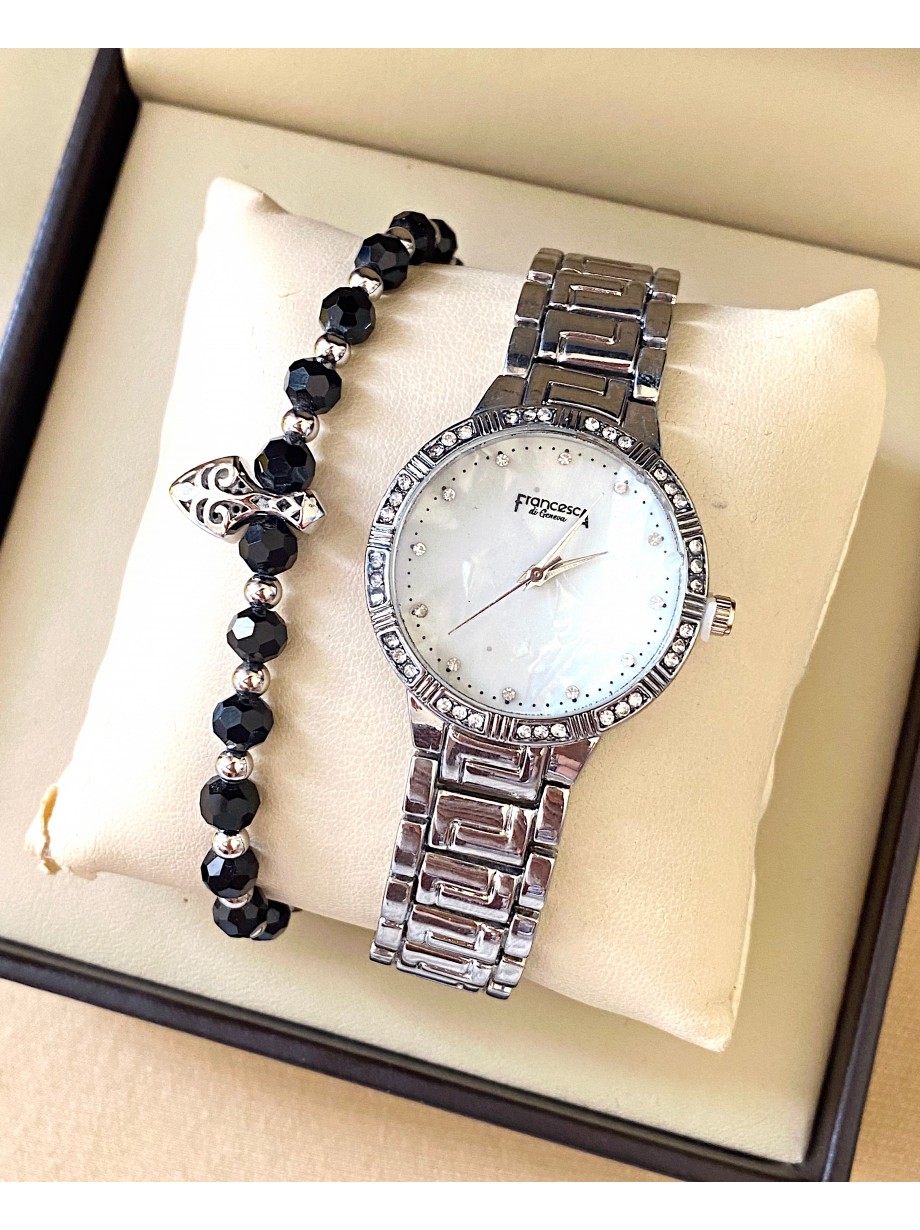 Ceas dama argintiu cu bratara metalica si cadran alb fara cifre