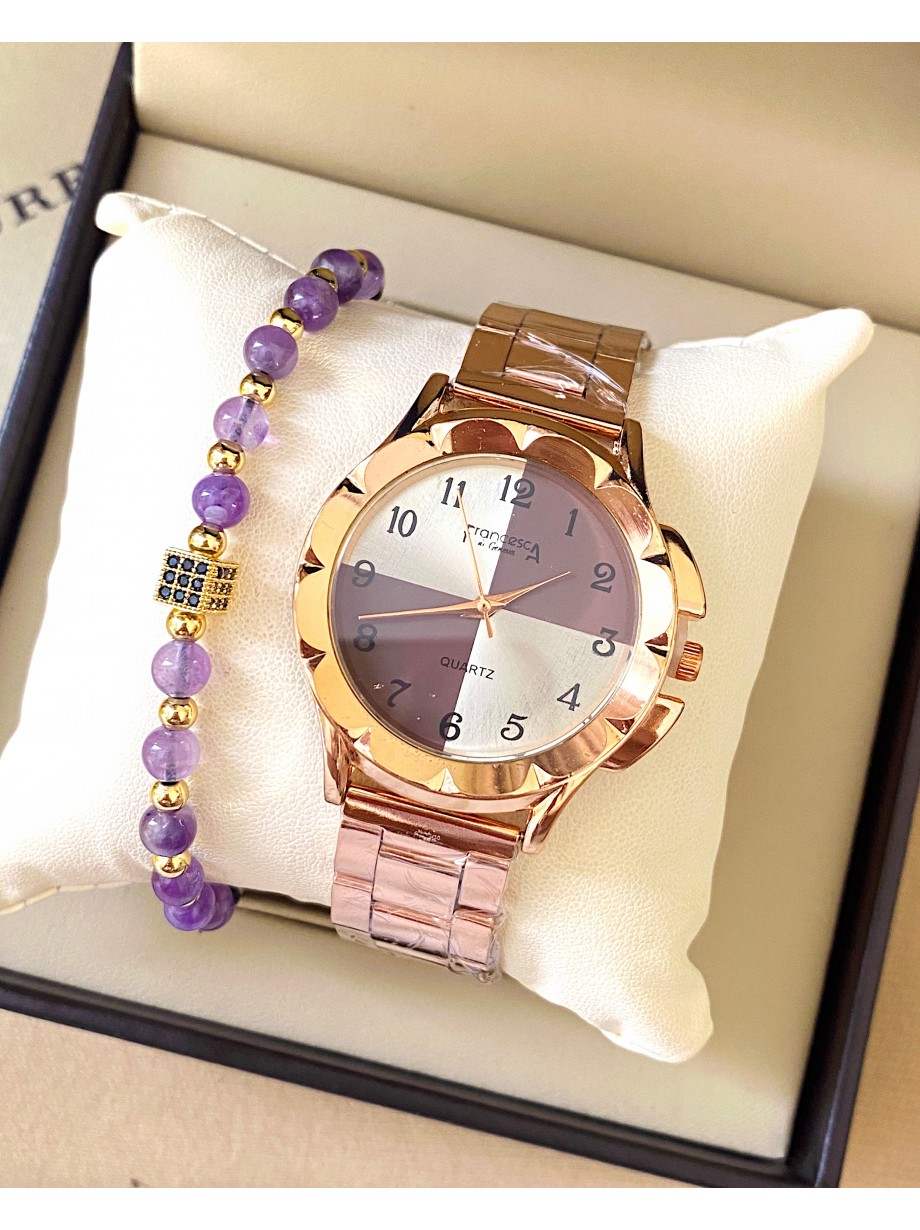 Ceas dama roze cu bratara metalica si cadran deosebit impartit in 4