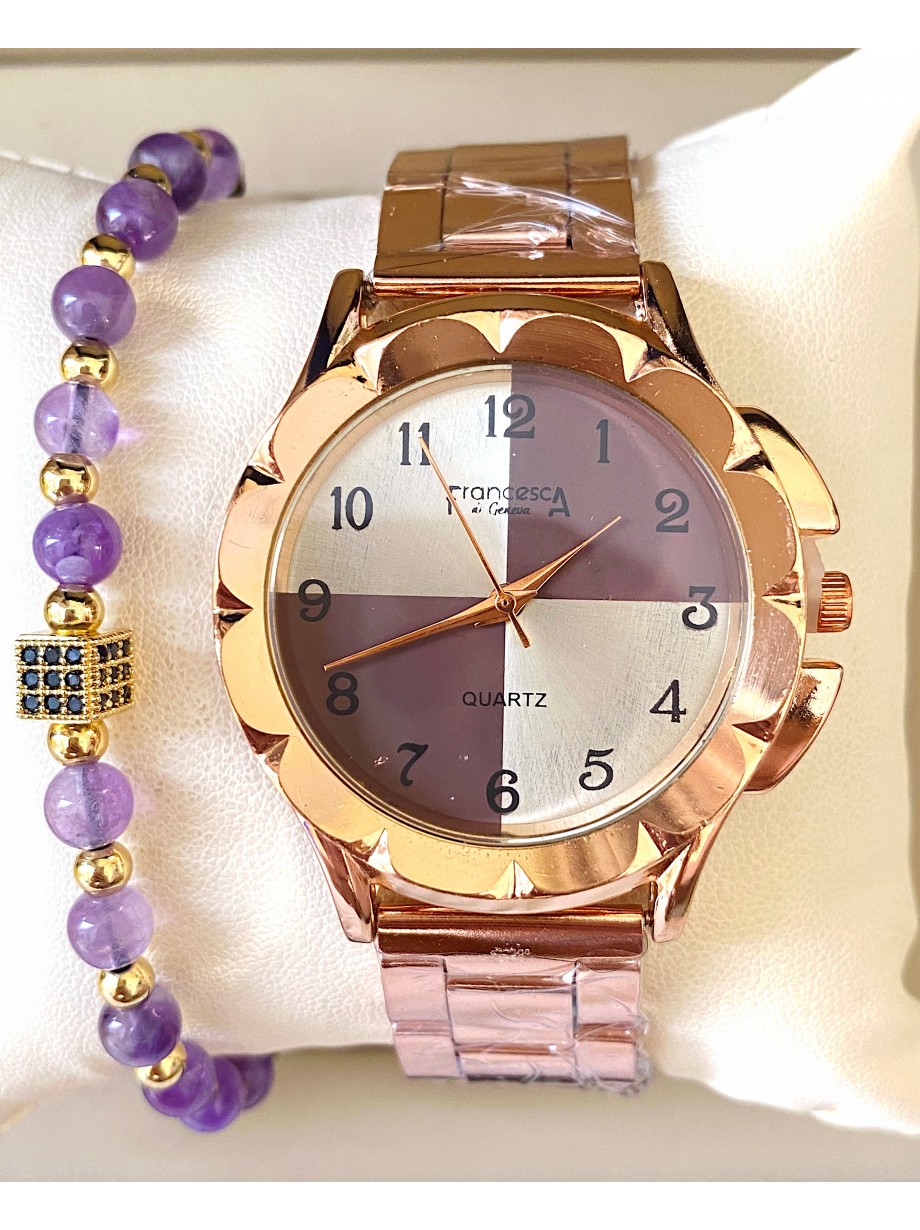 Ceas dama roze cu bratara metalica si cadran deosebit impartit in 4