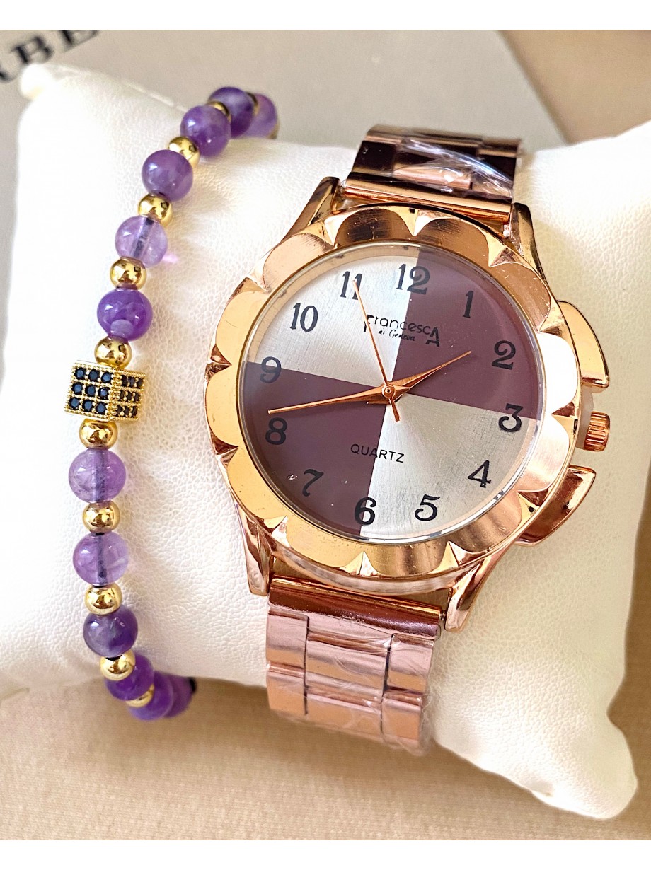 Ceas dama roze cu bratara metalica si cadran deosebit impartit in 4