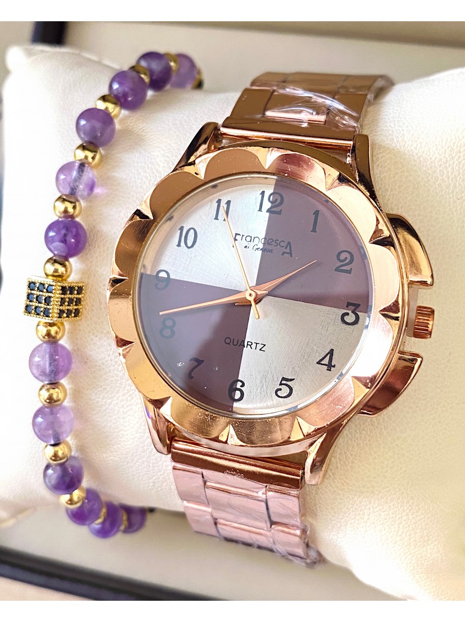 Ceas dama roze cu bratara metalica si cadran deosebit impartit in 4