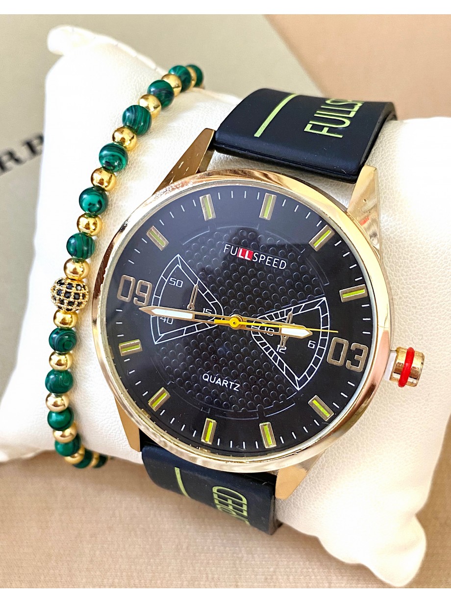 Ceas barbat negru cu bratara din piele ecologica si cadran negru