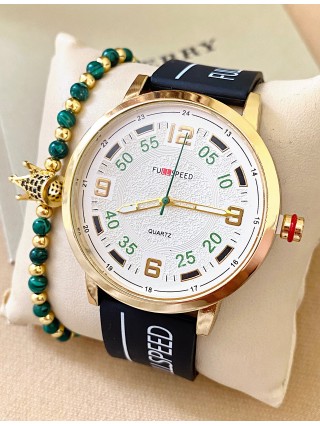 Ceas barbat negru cu bratara din piele ecologica si cadran alb