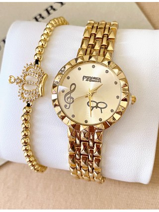 Ceas dama auriu cu bratara metalica si cadran cheia Sol