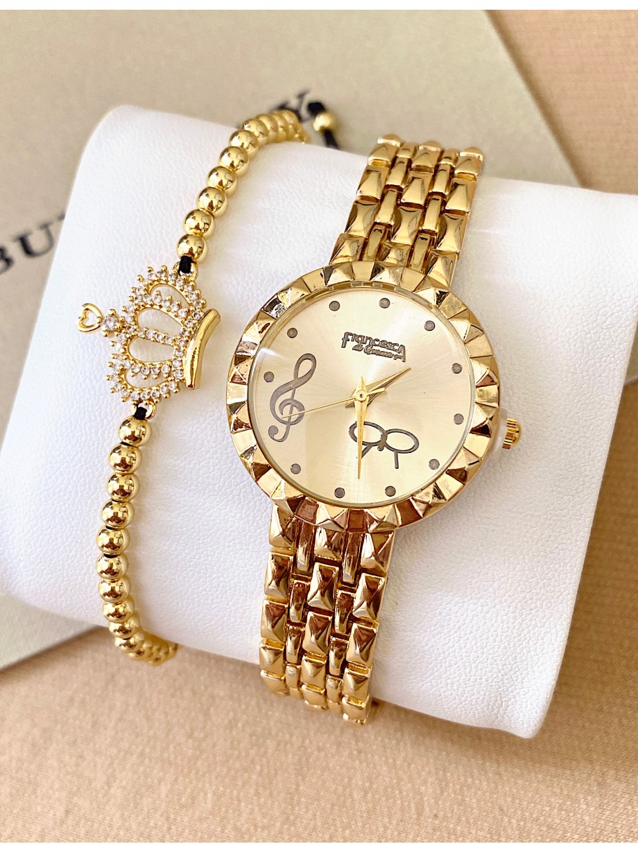 Ceas dama auriu cu bratara metalica si cadran cheia Sol