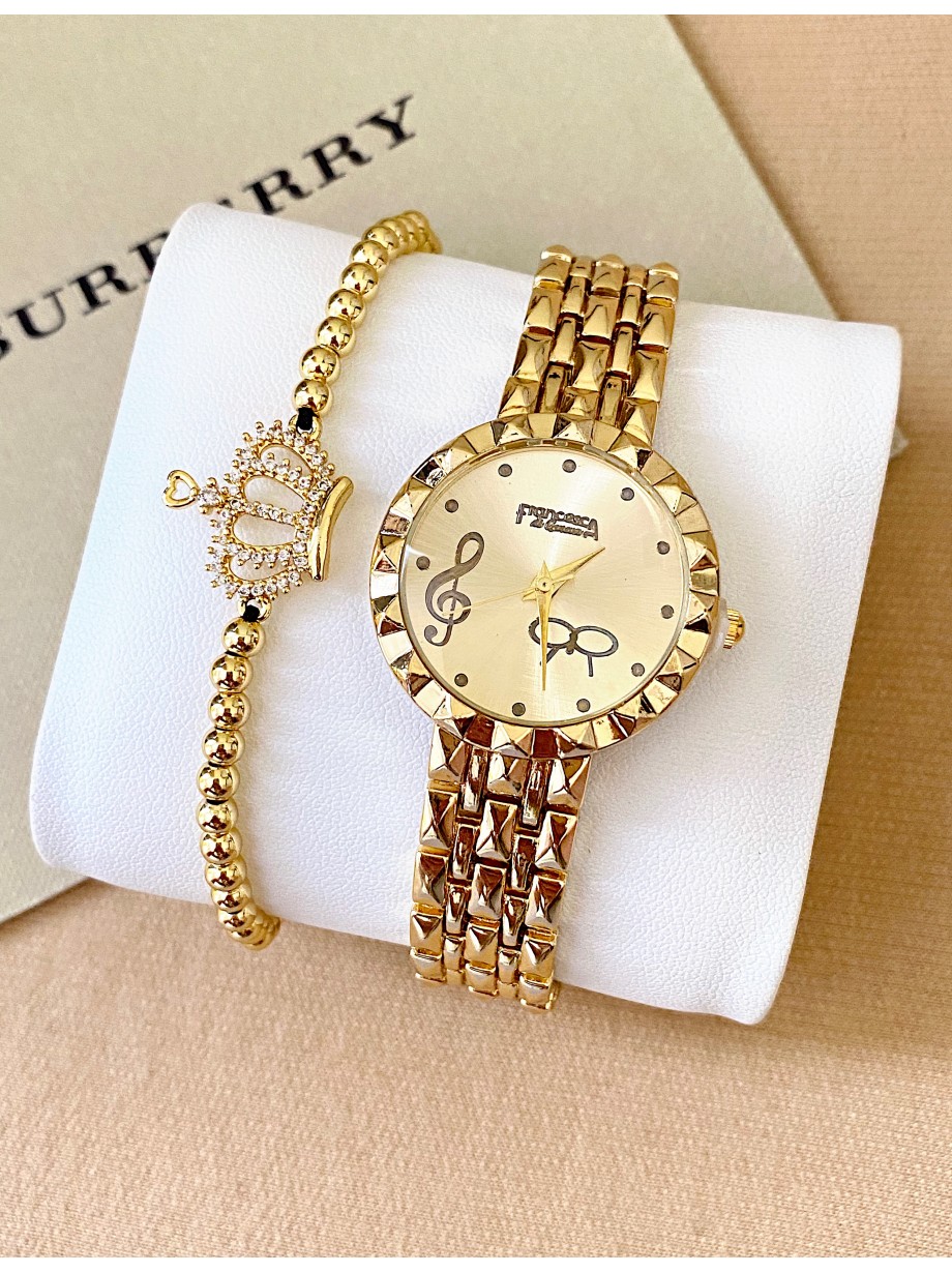 Ceas dama auriu cu bratara metalica si cadran cheia Sol