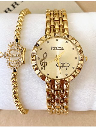 Ceas dama auriu cu bratara metalica si cadran cheia Sol