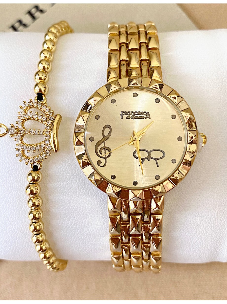 Ceas dama auriu cu bratara metalica si cadran cheia Sol