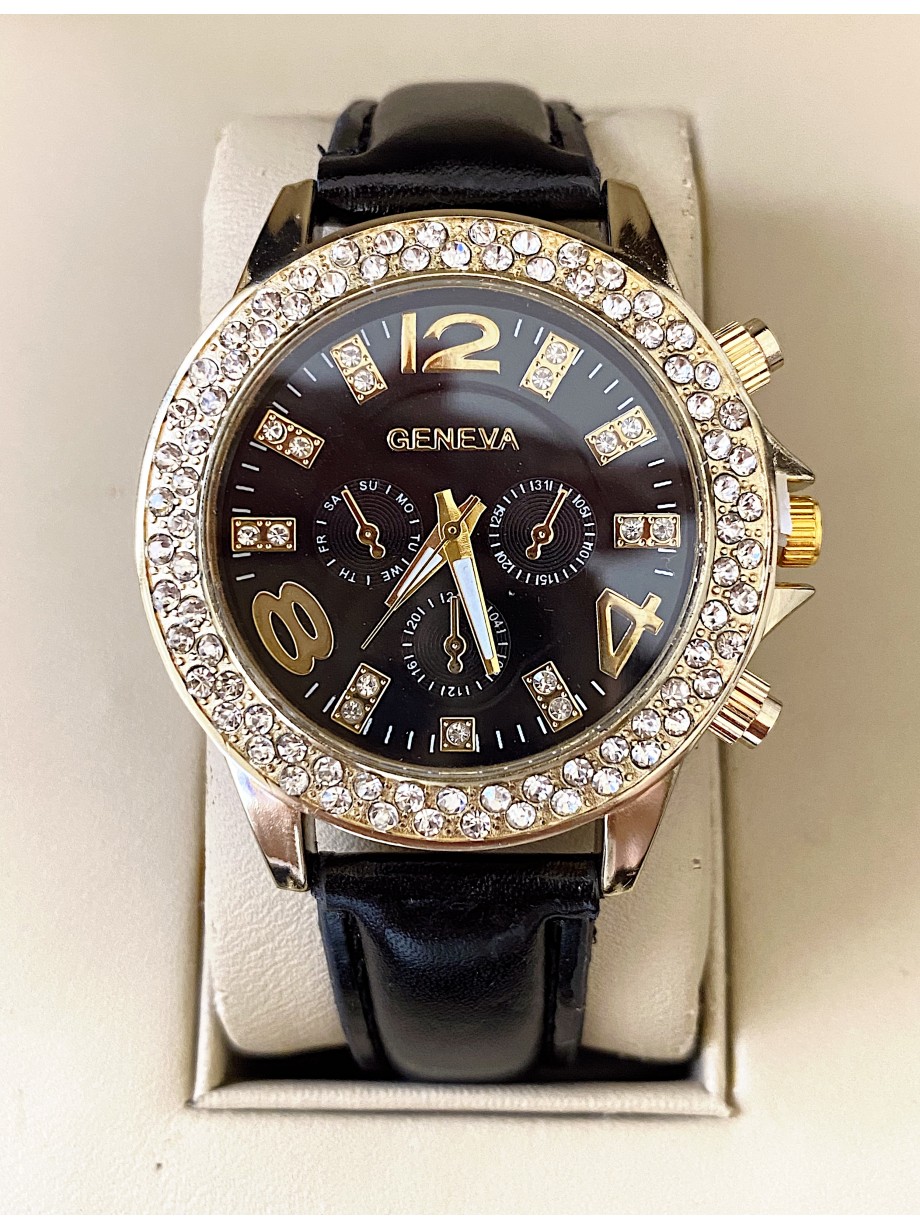 Ceas dama negru cu bratara din piele ecologica si cadran cu multe pietricele