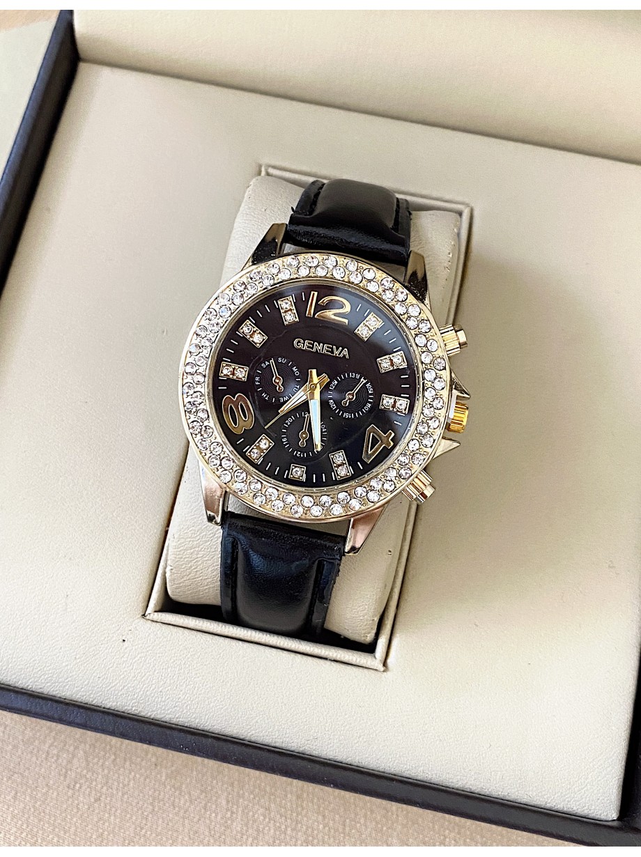 Ceas dama negru cu bratara din piele ecologica si cadran cu multe pietricele