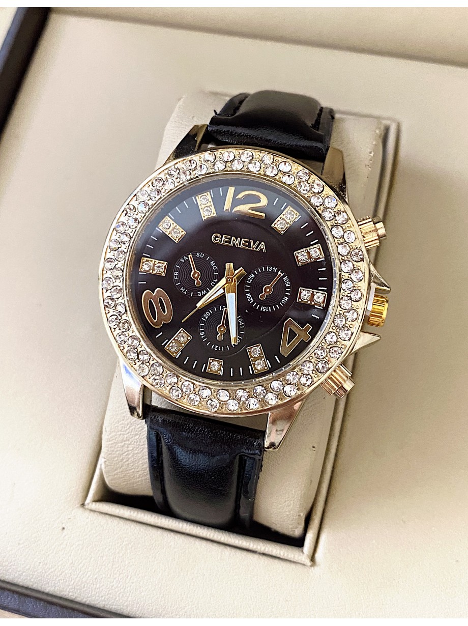 Ceas dama negru cu bratara din piele ecologica si cadran cu multe pietricele