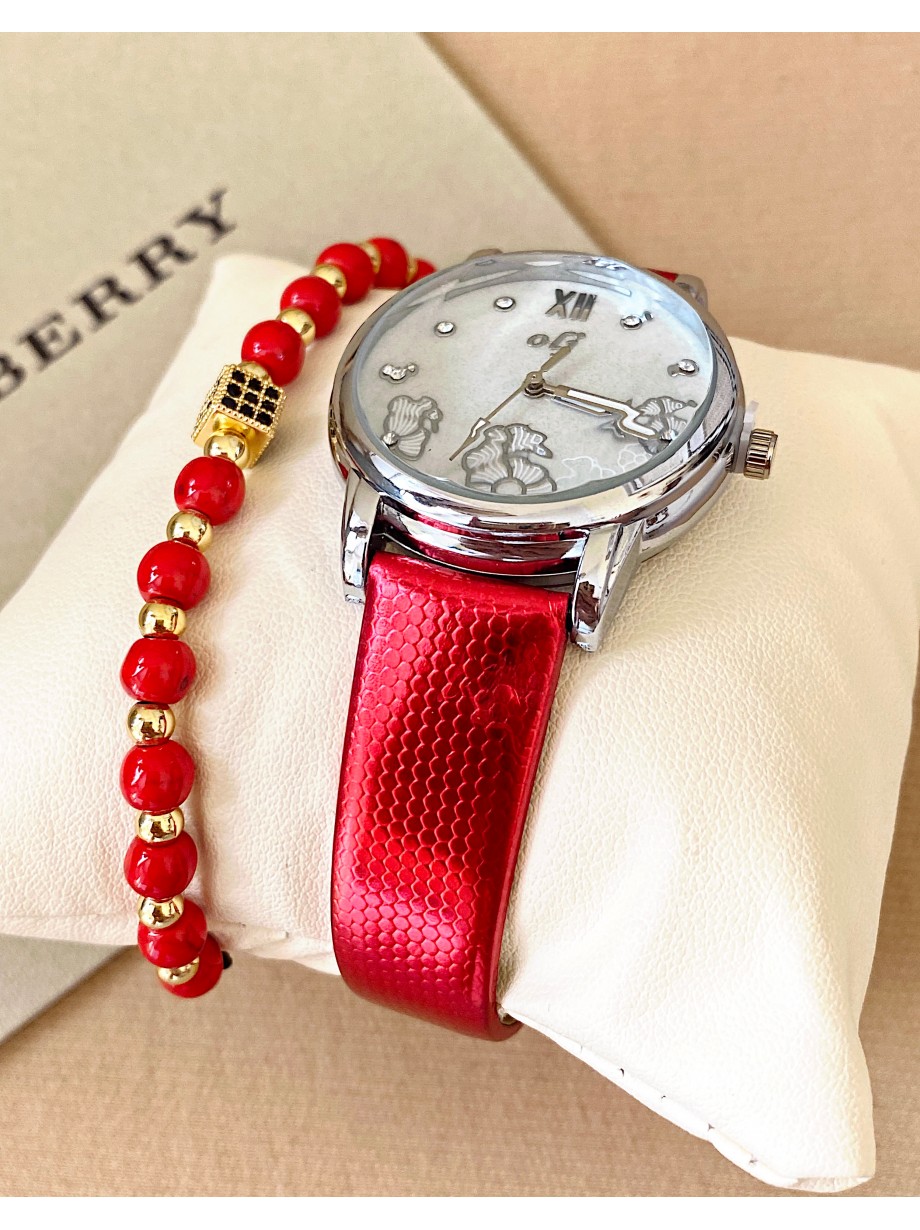 Ceas dama rosu cu bratara din piele ecologica si cadran cu flori