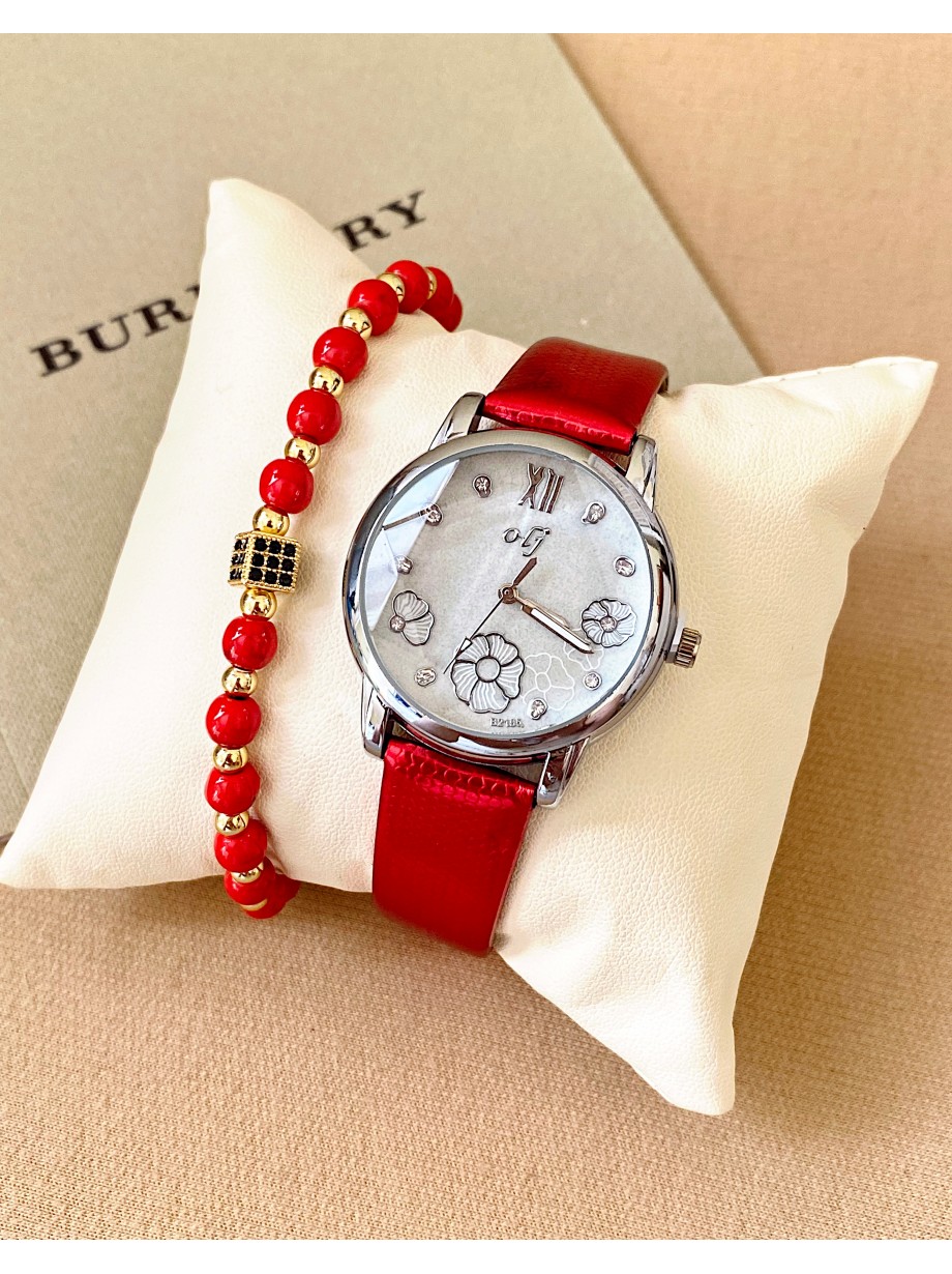 Ceas dama rosu cu bratara din piele ecologica si cadran cu flori