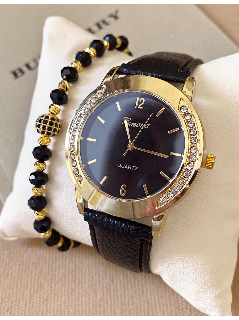 Ceas dama negru cu bratara din piele ecologica si cadran cu pietricele