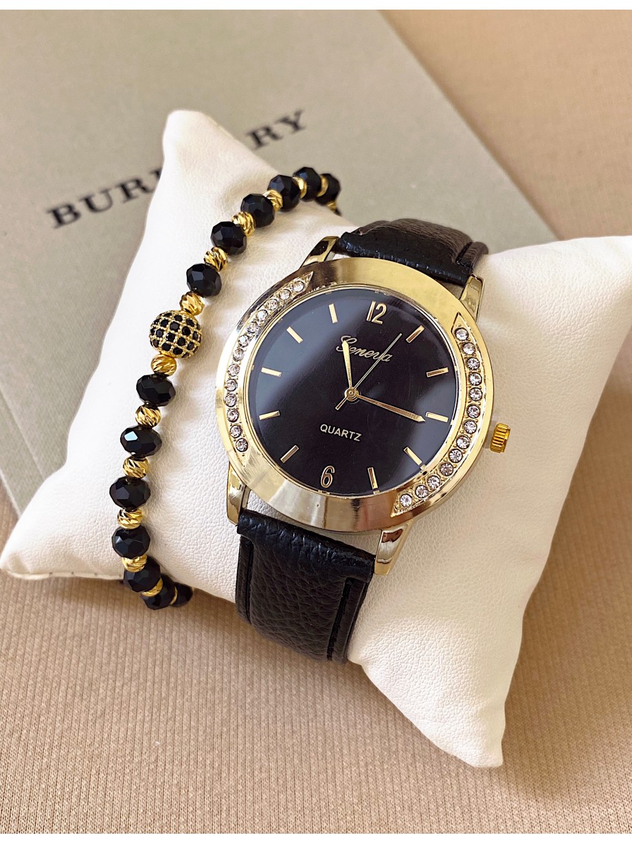 Ceas dama negru cu bratara din piele ecologica si cadran cu pietricele