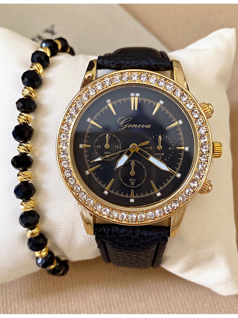 Ceas dama negru cu bratara din piele ecologica si cadran cu pietricele