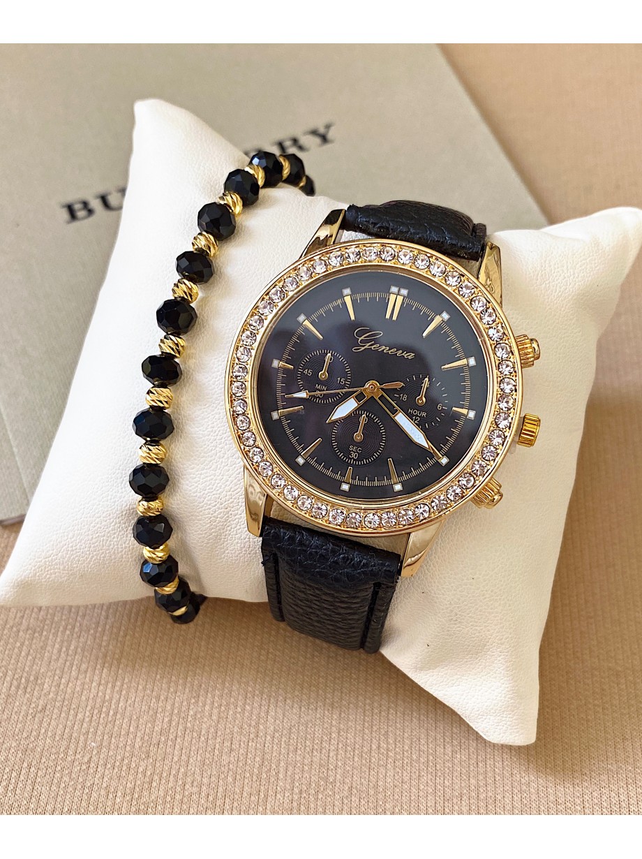 Ceas dama negru cu bratara din piele ecologica si cadran cu pietricele